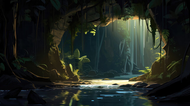 3D rendering of a fantasy forest with a cave and a river