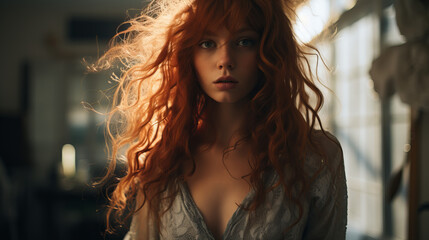 Portrait of red hair woman. Young girl with long cherry hair. Closeup of happy confident young woman with long wavy red hair and freckles wears dress and looks directly in camera - obrazy, fototapety, plakaty