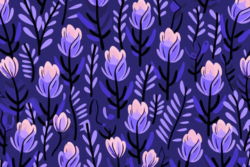 Close-up of lavender flowers quirky doodle pattern, wallpaper, background, cartoon, vector, whimsical Illustration