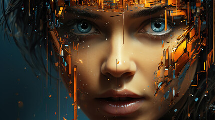Teal Orange and Gold Stunning Woman Cyber Augmented Face with Big Clear Iuminescent Blue Eyes Portrait