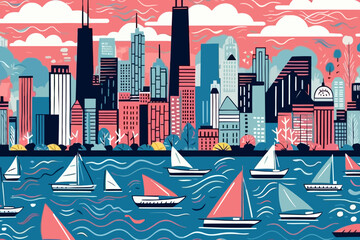 Chicago skyline quirky doodle pattern, wallpaper, background, cartoon, vector, whimsical Illustration