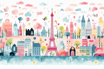 Selbstklebende Fototapeten Paris skyline quirky doodle pattern, wallpaper, background, cartoon, vector, whimsical Illustration © Brandon