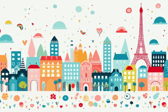 Paris skyline quirky doodle pattern, wallpaper, background, cartoon, vector, whimsical Illustration