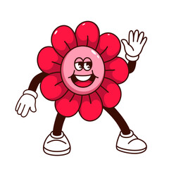 Groovy flower character vector illustration. Cartoon isolated cute red daisy sticker, floral hippie mascot with arms and legs waving and greeting, happy flower with funky laughter and psychedelic face