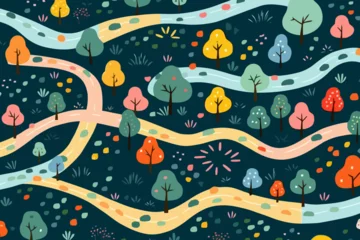 Tuinposter Backcountry roads and pathways quirky doodle pattern, wallpaper, background, cartoon, vector, whimsical Illustration © Brandon