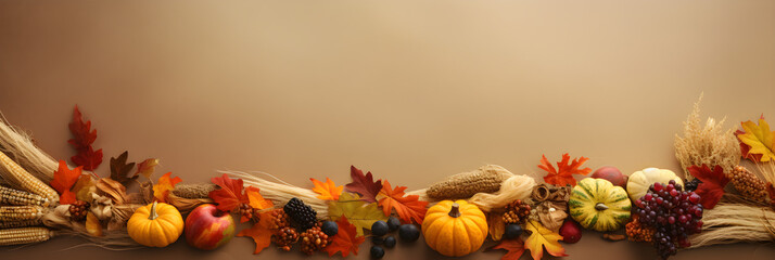 Naklejka na ściany i meble Conceptual image symbolizing autumn harvest with pumpkin, wheat, and maple leaves, banner