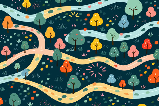 Backcountry roads and pathways quirky doodle pattern, wallpaper, background, cartoon, vector, whimsical Illustration