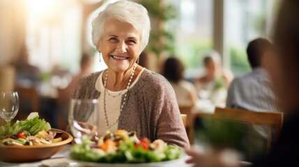 Elderly woman is having lunch in a restaurant