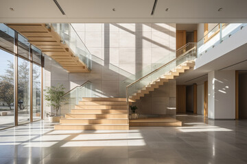 Interior view of the spacious, bright  entrance hall or lobby featuring a floating staircase and natural light streaming in, the harmonious blend of aesthetics and function.