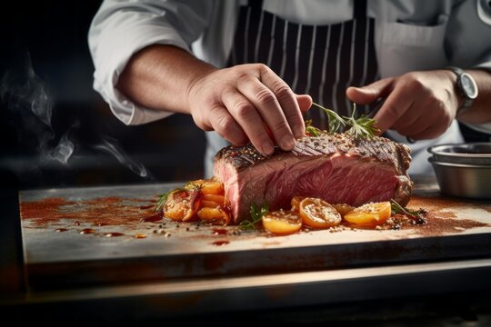 Close up view of the precision of a chef skillfully carving a roasted meat dish, showcasing the expertise and dedication to culinary excellence.