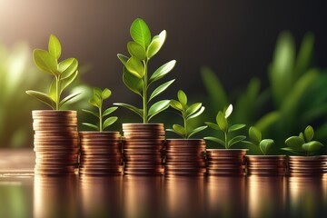 coins stack with plant growing on the ground money plant, growing money in coins stack, business investment, financial concept. coins stack with plant growing on the ground - obrazy, fototapety, plakaty