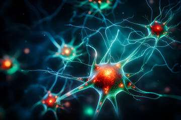 Neurons and microglia, Quantum entanglement, scientific concept 3d illustration , generate AI - obrazy, fototapety, plakaty