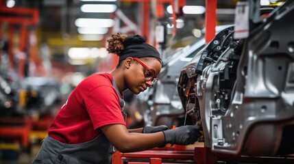 Young woman is working in an automobile factory