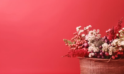 Lush flowers and ripe berries artfully arranged in a basket.