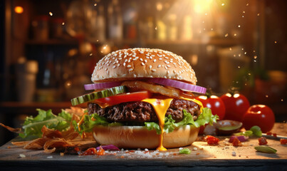Mouth watering hamburger with fresh ingredients.