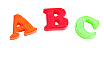 Letters A, B and C in vibrant colors isolated on transparent background, PNG. Concept of children's education.
