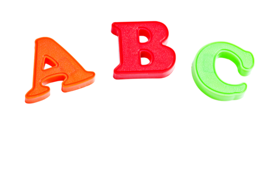 Letters A, B and C in vibrant colors isolated on transparent background, PNG. Concept of children's education.