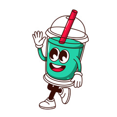 Groovy plastic cup of soda water character vector illustration. Cartoon isolated retro sticker of kawaii green water waving and walking, container with straw and funky happy face, arms and legs