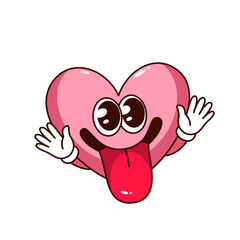 Groovy heart character vector illustration. Cartoon isolated retro love mascot with eyes and tongue on funky psychedelic face, pink heart emoji with hippie psychedelic vibe for Valentines Day
