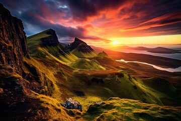 Quiraing mountains sunset at Isle of Skye, Scottland