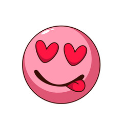 Groovy love emoji vector illustration. Cartoon isolated retro psychedelic pink ball emoticon with hearts in eyes, funny happy face and tongue, funny circle sticker for love message in social media