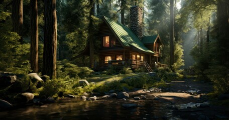 A secluded cabin in the woods, representing a peaceful getaway into nature. Generative AI - obrazy, fototapety, plakaty