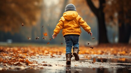 Back View. Happy little kid boy jumping on rainy puddle in autumn park. Generative AI