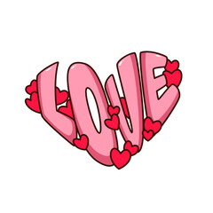 Groovy sticker with Love lettering vector illustration. Cartoon isolated retro sticker for social media with Love word of funny pink font in heart shape, happy decorative emoji with hippie vibe