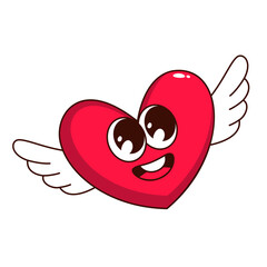 Groovy heart with angel wings vector illustration. Cartoon isolated retro cute sticker of funny red heart character flying, funky love emoji with psychedelic smile on face, mascot of Valentines Day