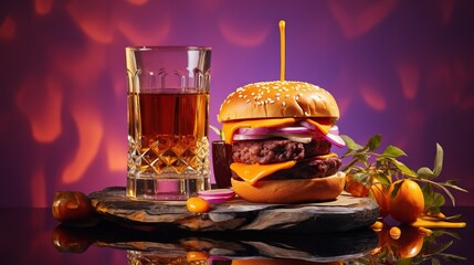  a hamburger and a glass of alcohol on a wooden table.  generative ai