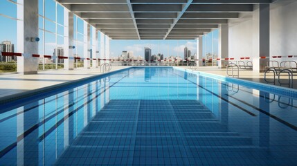 Empty Swimming Pool With Cityscape Through The Window. Generative AI