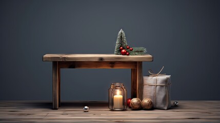  a wooden table with a lit candle and a christmas tree on it.  generative ai