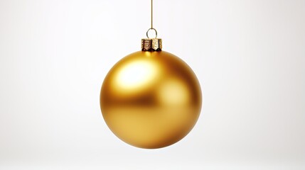  a golden christmas ornament hanging from a string on a white background.  generative ai