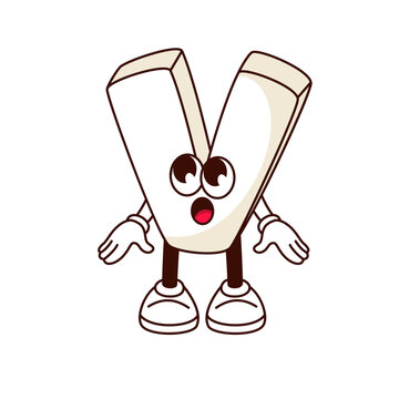 Groovy letter V character vector illustration. Cartoon isolated retro sticker with English alphabet letter of cute white font, arms and legs, expression of surprise on funny face with funky eyes