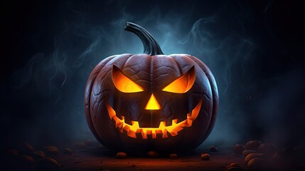  a pumpkin with glowing eyes on a dark background with smoke.  generative ai