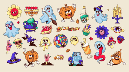 Groovy Halloween stickers set vector illustration. Cartoon isolated retro Halloween party sweet treats, trippy pumpkin and funky hippie flower, spooky ghost characters and witch hat, creepy potion
