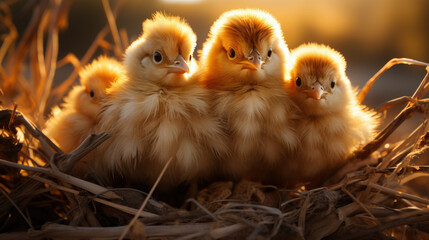 A newborn chicken is knocked out of an egg, brood of small chicks. Close up. - obrazy, fototapety, plakaty