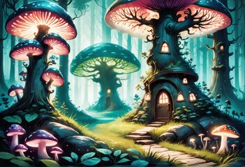 Fototapeta na wymiar forest with magic mushrooms in the forest illustration forest with magic mushrooms in the forest illustration magic forest with mushrooms