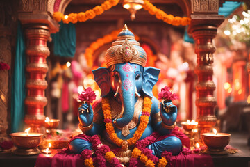 Diwali Festival: AI-Generated Image of Decorated Ganesh Statue in Temple - obrazy, fototapety, plakaty