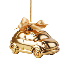 Gold Christmas ball as a golden new car with ribbon, isolated on free PNG background. - obrazy, fototapety, plakaty