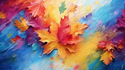  a painting of colorful leaves on a blue and yellow background.  generative ai