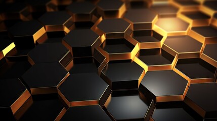  a black and gold hexagonal background with a light shining on it.  generative ai