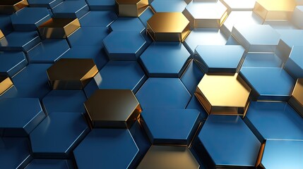  a bunch of blue and gold hexagonals with a light shining on them.  generative ai