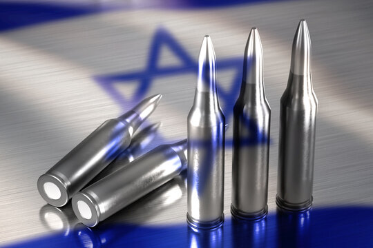 Cartridges with flag of Israel. Weapons made in Israel. Cartridges for shooting from machine gun. Ammunition with star of david. Weapon cartridges made in Israel. Bullets for war and combat. 3d image
