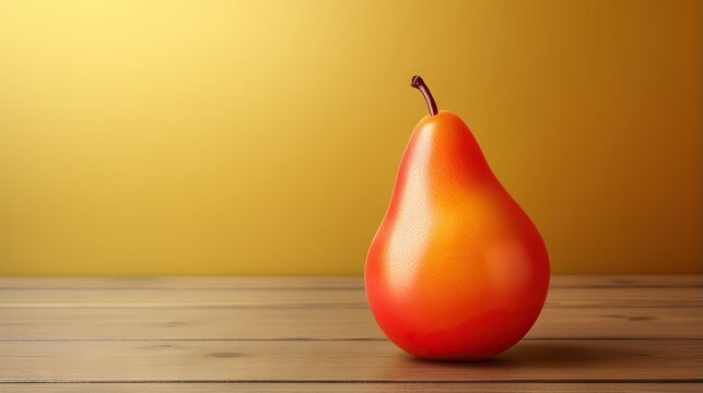  a pear on a wooden table in front of a yellow wall.  generative ai
