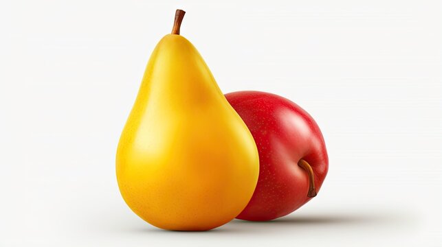  a pear and a red apple on a white background with a shadow.  generative ai