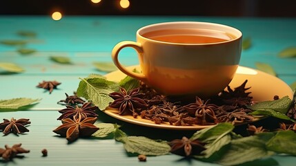 Obraz na płótnie Canvas a cup of tea surrounded by leaves and star anise. generative ai