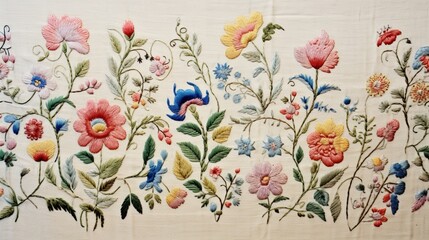 Linen fabric embroidered with floral designs. - obrazy, fototapety, plakaty