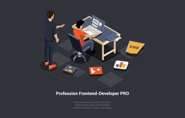 Software Development Coding Process. Programmer Frontend Developer Coding on Computer With Mentor Help. Screen With Code, HTML and CSS. Coder Engineer At Workplace. Isometric 3d Vector Illustration
