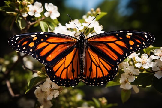 A Monarch butterfly in exquisite macro photography, its wings unfurled, displaying the intricate patterns of nature's artistry.